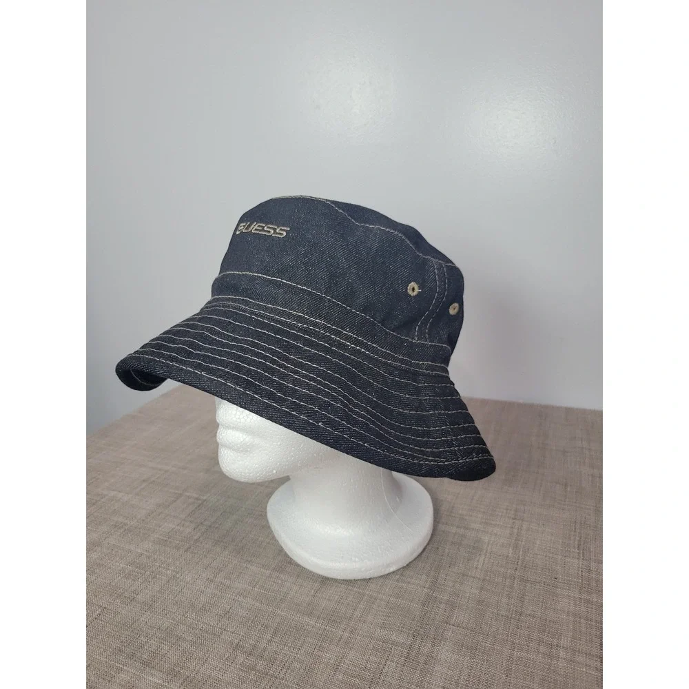 GUESS Vintage Dark Wash Denim Bucket Hat Embroidered Logo 9051MM6T OSFM Blue